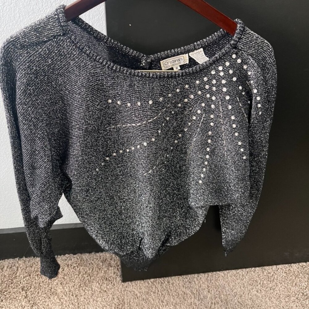Vintage 1980s Black/Silver Metallic Sequin Starburst Dolman Sweater M - Picture 7 of 9